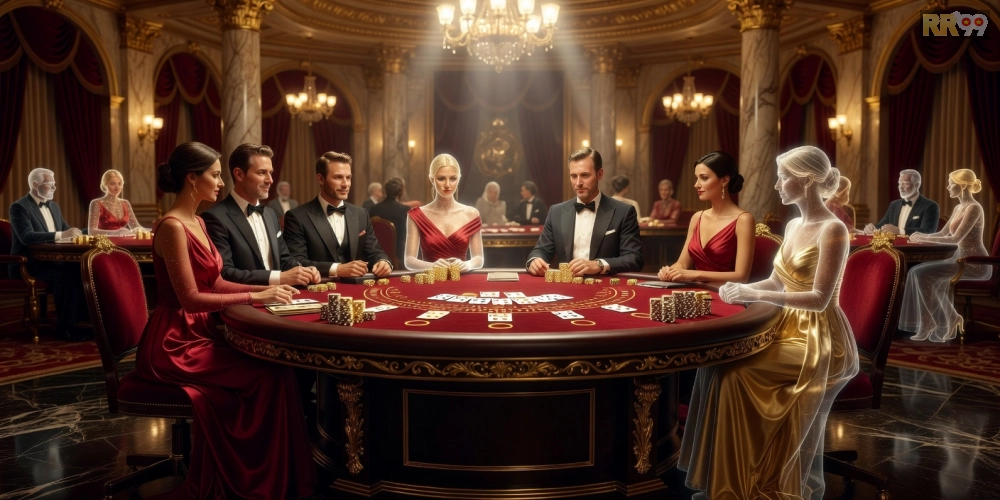 Hình ảnh sòng bạc Golden RR99 Palace với bàn chơi blackjack sang trọng và phần thưởng hấp dẫn