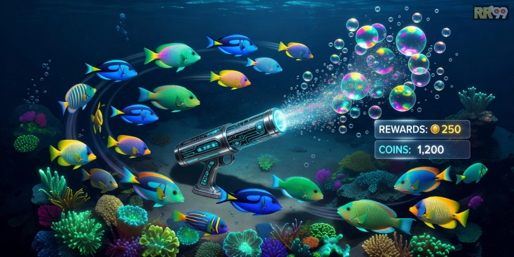 Minh họa giao diện game bắn cá đổi thưởng rr99 với đồ họa sống động và các loài cá đa dạng