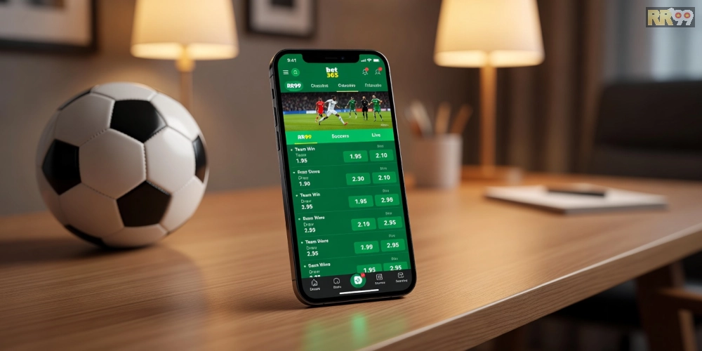 Hình ảnh nền tảng Bet365 RR99 trên điện thoại với kèo cược bóng đá sống động.