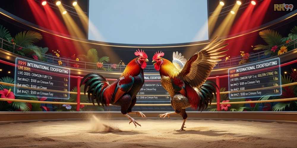 Hình minh họa khái niệm đá gà quốc tế rr99 với trường đấu hiện đại và giao diện cá cược.