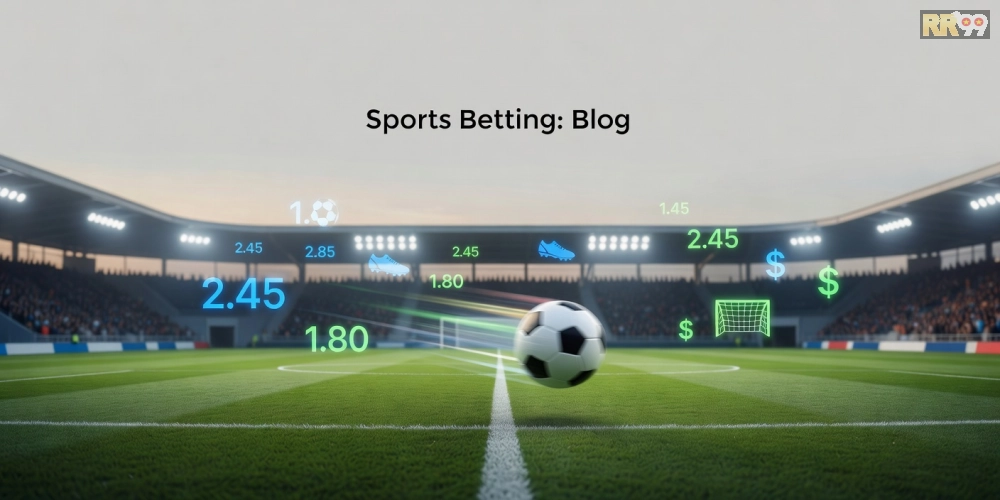 Hình minh họa khái niệm thể thao bóng đá rr99 với sân cỏ xanh và biểu tượng cá cược.