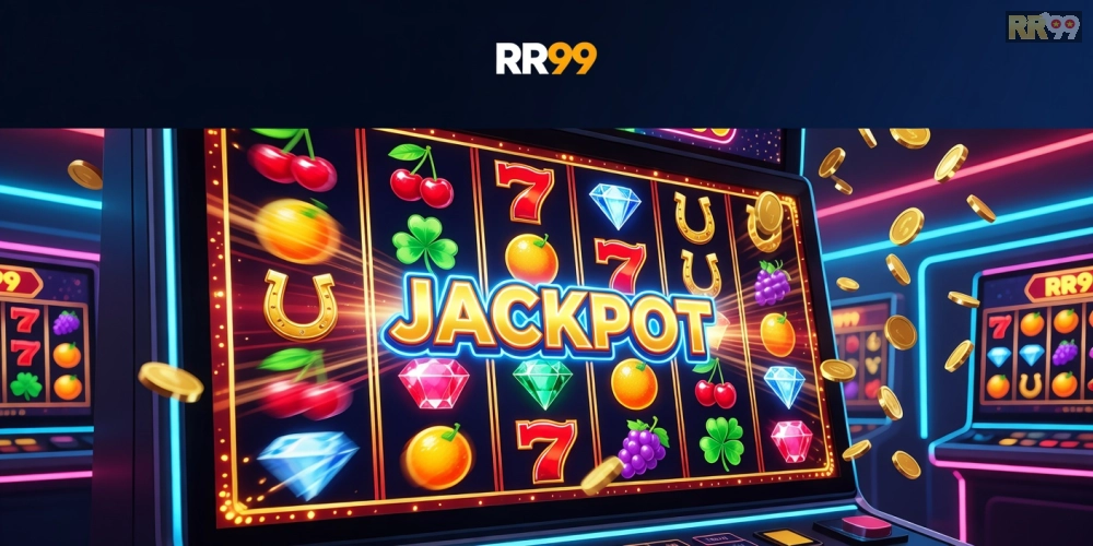 Hình minh họa giao diện chơi game nổ hũ rr99 với các biểu tượng slot hấp dẫn và jackpot sáng rực