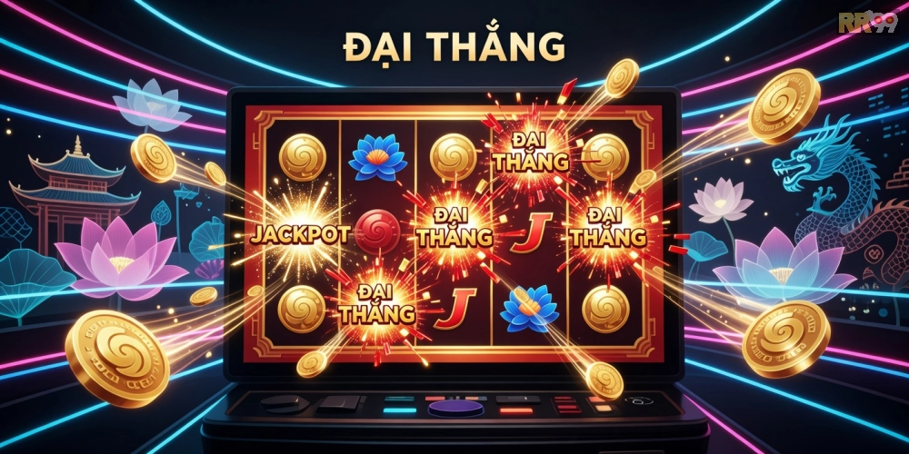 Minh họa khái niệm nổ hũ đổi thưởng rr99 với jackpot hấp dẫn và giao diện game hiện đại