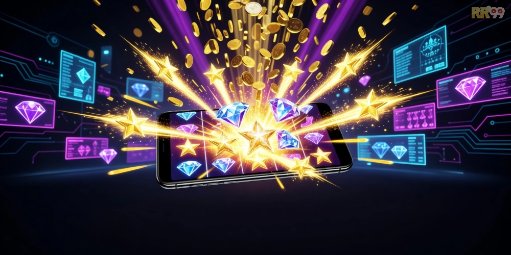 Hình ảnh màn hình mega jackpot nổ hũ trên nền tảng rr99 với hiệu ứng ánh sáng rực rỡ