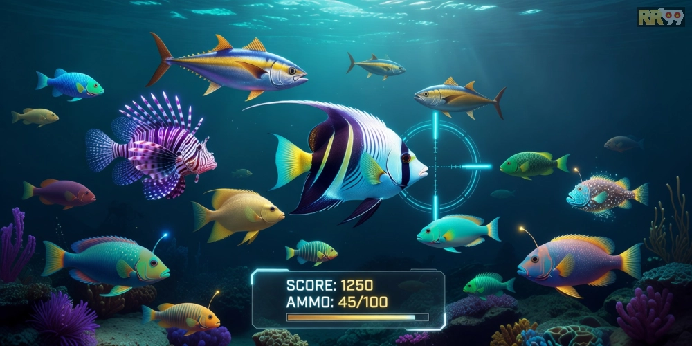 Giao diện Sunwin RR99 với các loài cá đa dạng và súng bắn mạnh mẽ trong môi trường đại dương