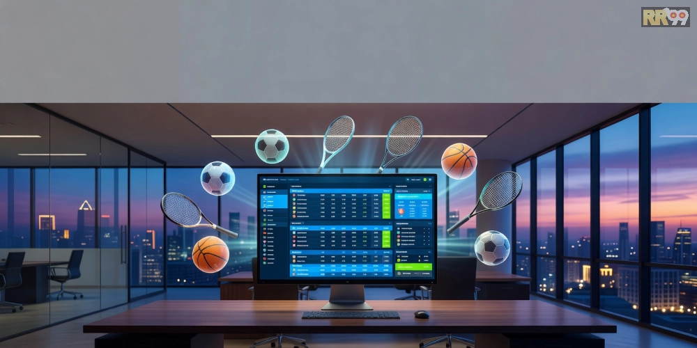 Minh họa khái niệm tin thể thao mới nhất rr99 với giao diện hiện đại và các biểu tượng thể thao