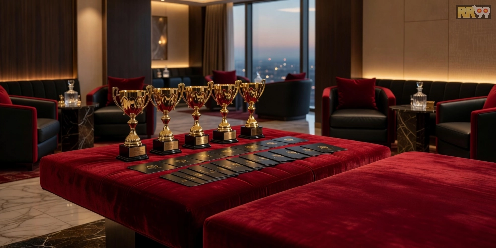 Hình ảnh ưu đãi VIP chương trình khuyến mãi RR99 với biểu tượng phần thưởng cao cấp và không gian sang trọng